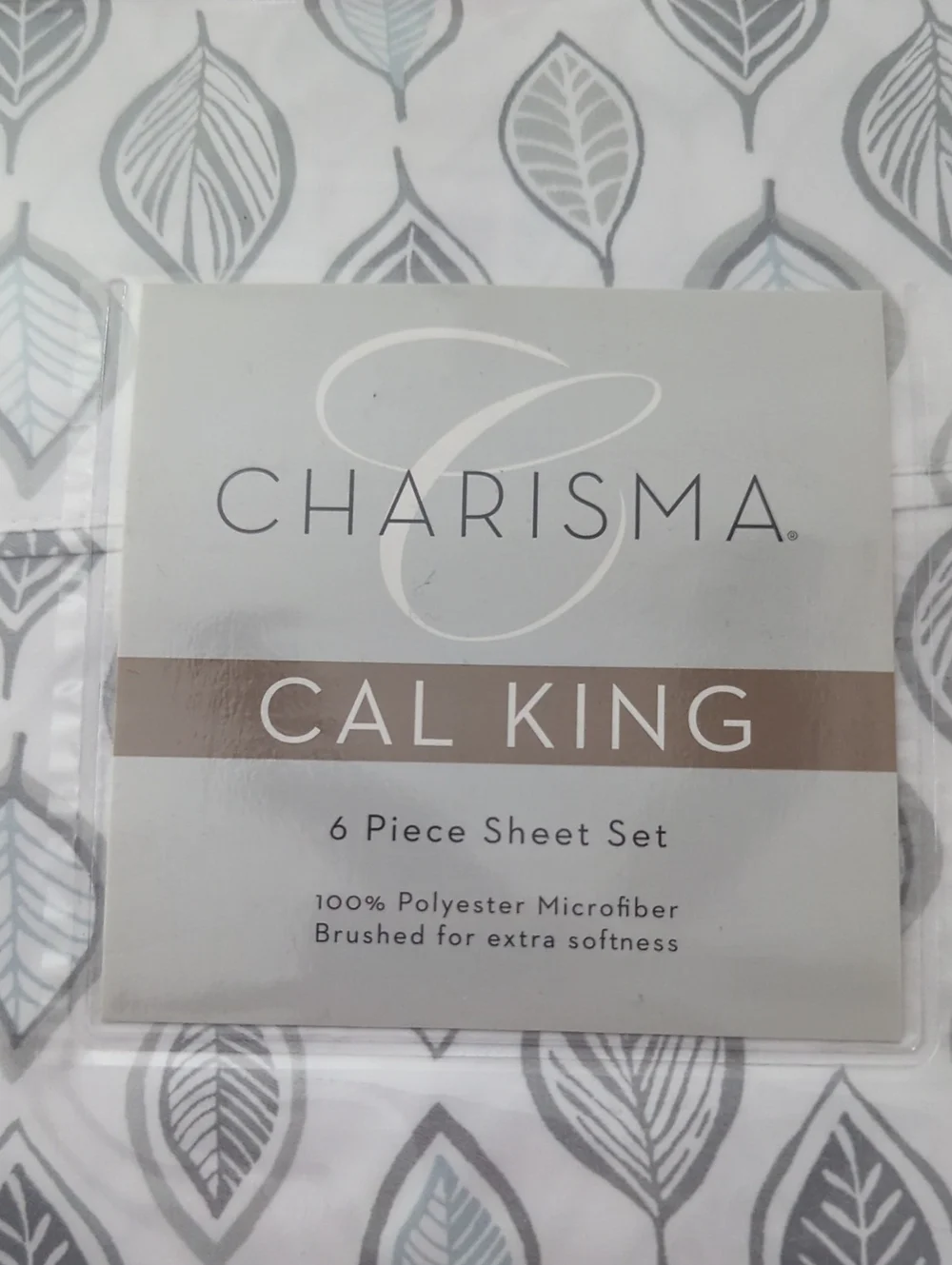 Charisma Microfiber Cal King 6- Piece Sheet Set Leaves Grey